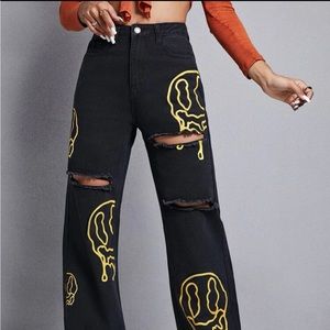 Melting Smiley Ripped Wide Leg Denim